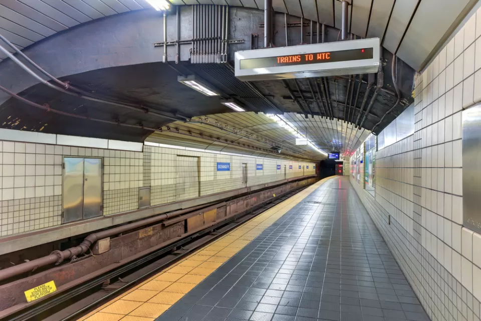 Empty subterranean train platform in Jersey City, New Jersey